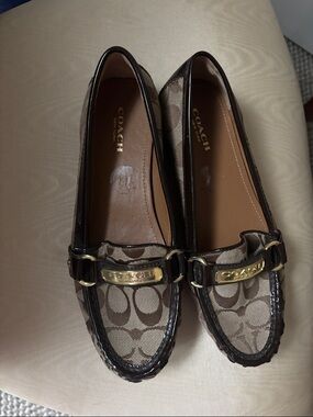 Coach Brown Signature Canvas and Dark Brown Leather Loafers with Gold Hardware